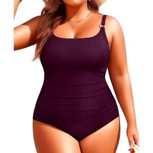 Aqua Eve Womens 22W Burgundy Ribbed Ruched One Piece Swimsuit Tummy Control NEW